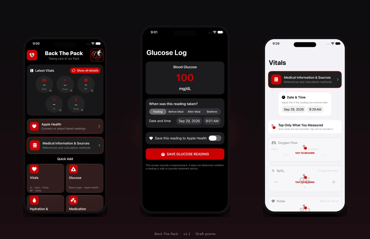 Three Back The Pack app screens showing care records, glucose logging, and vitals