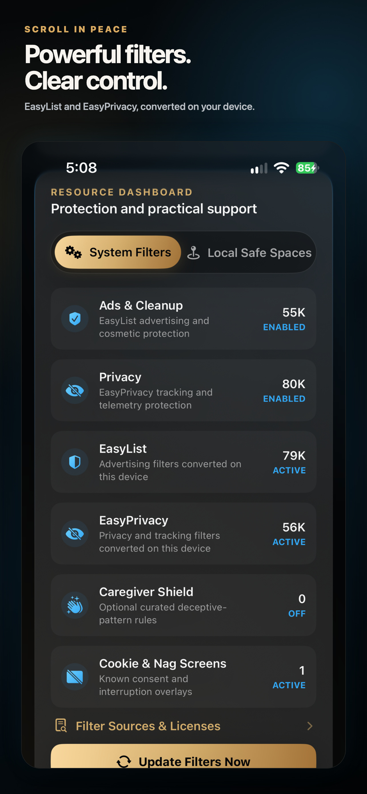 Scroll in Peace resource dashboard