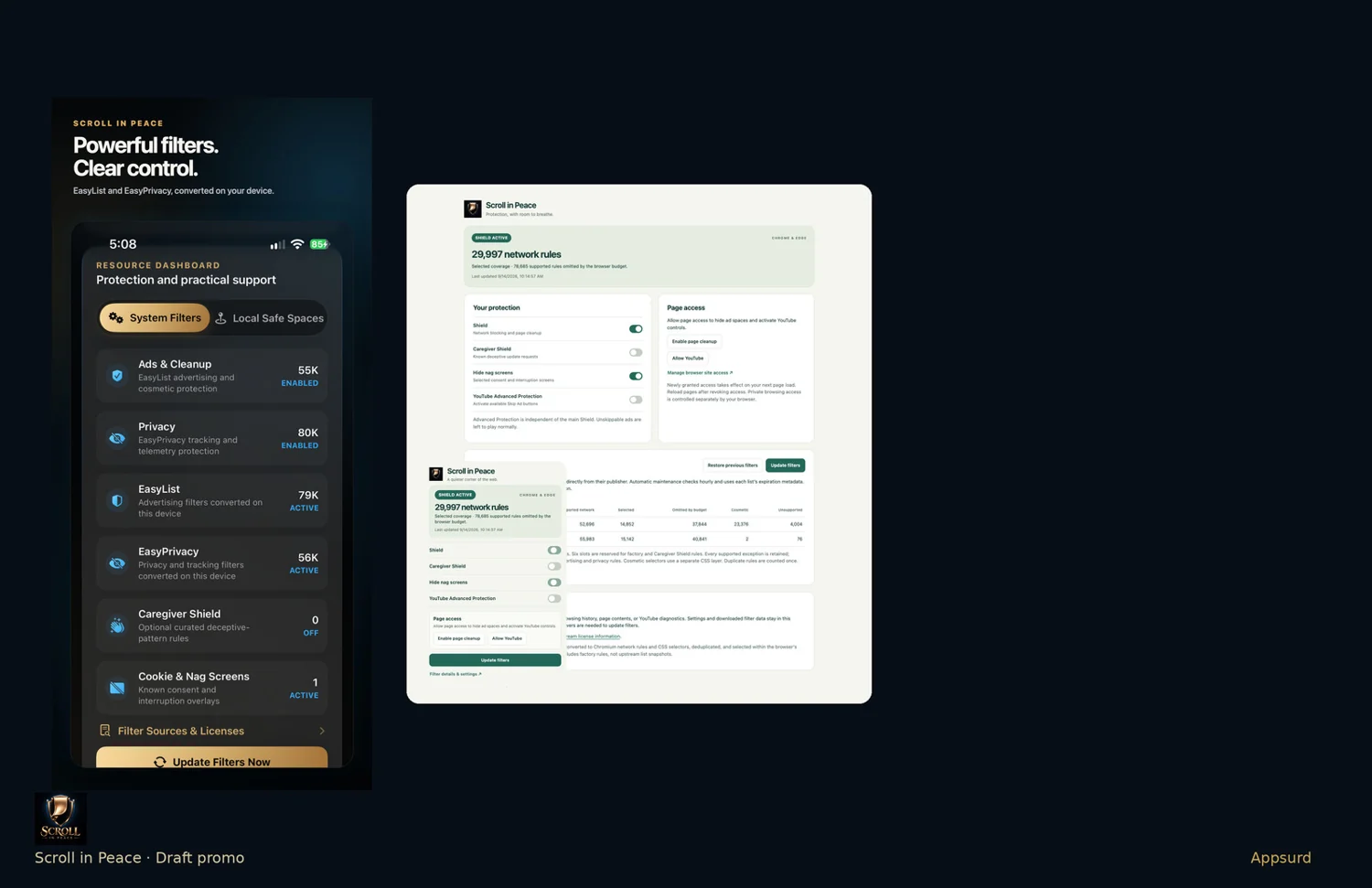 Scroll in Peace iPhone and desktop protection dashboards