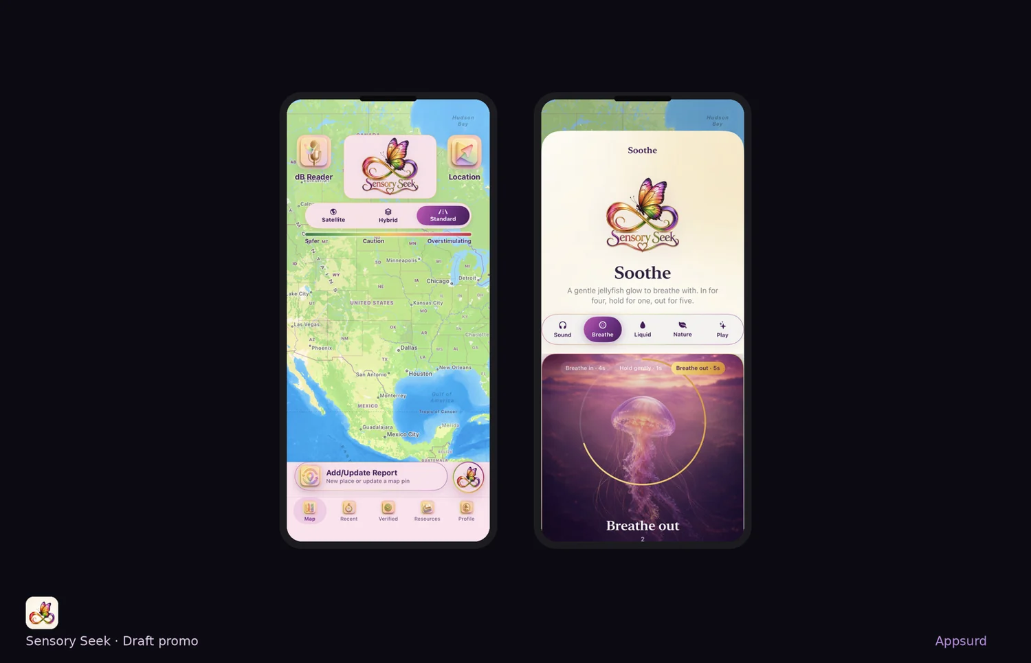 Sensory Seek map and Soothe screens